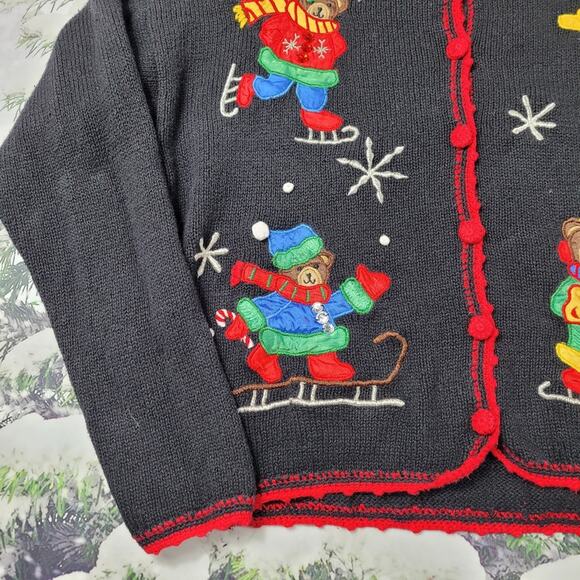 Vintage Nut Cracker Cardigan Ice Skating Bears Embellished Black size Medium - Picture 6 of 9